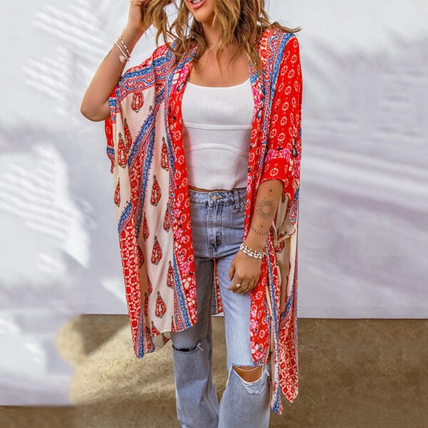 New Print Mesh Kimono Swimwear Cover-Up